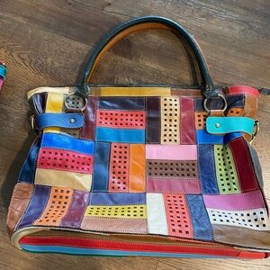Patchwork Leather Tote Bag, Genuine Leather with change purse